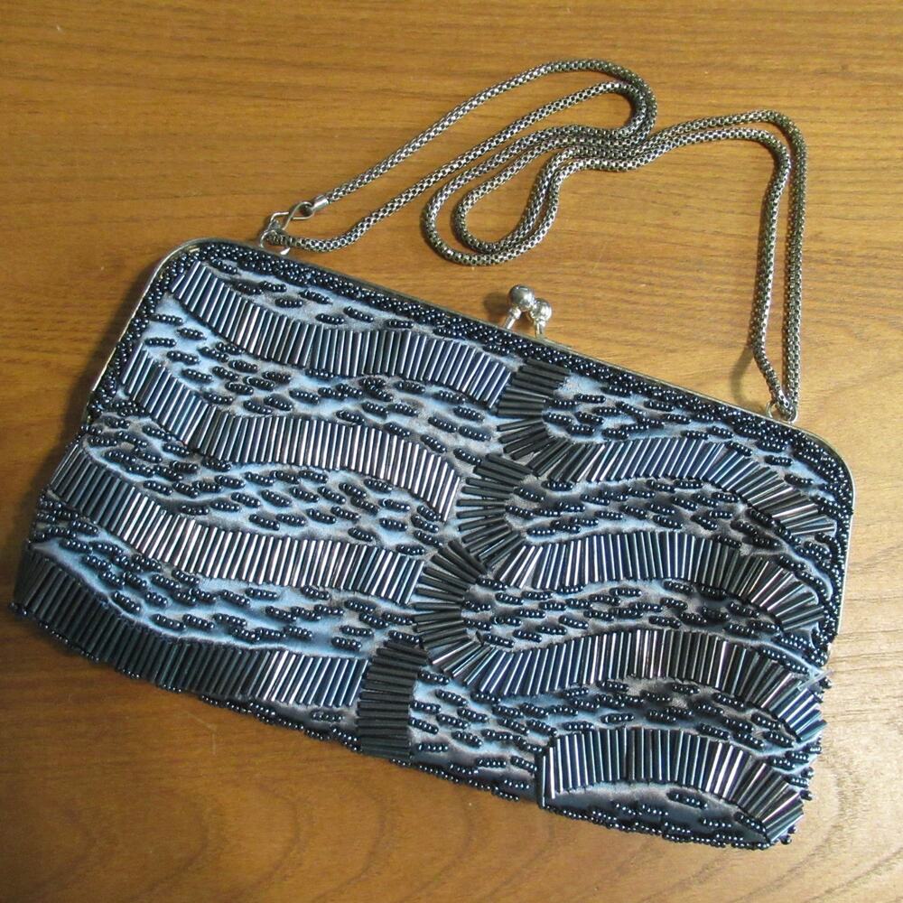 Vtg Beaded Sachel Handbag S Silver Gre Wave Lined Kiss Lock Purse Shoulder Bag